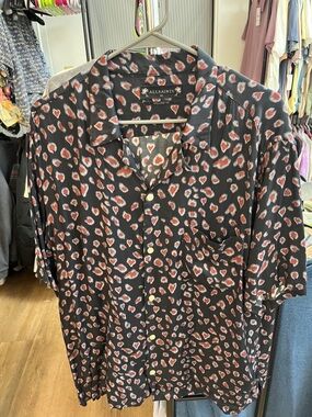 All Saints Black and Red Heart Print Short Sleeve Button Down Shirt